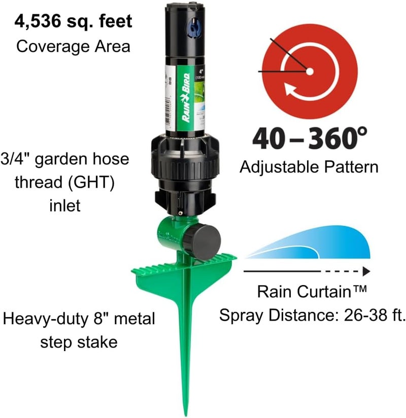 Rainbird 42SASPG 42SA Gear Drive Rotor Lawn and Garden Sprinkler on Heavy Duty Green Spike, Adjustable 40° - 360° Pattern, 26' - 38' Spray Distance - Image 1